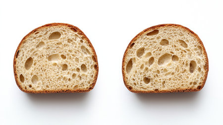 Sliced baguette, crisp crust and soft interior, isolated on white background.の素材