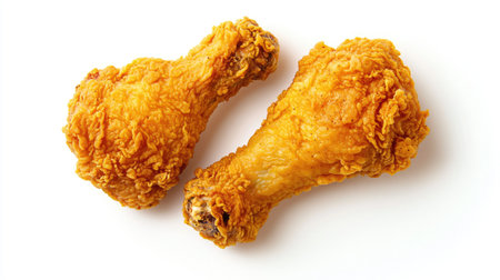 Golden crispy fried chicken drumsticks, crunchy texture, isolated on white background, top view.の素材