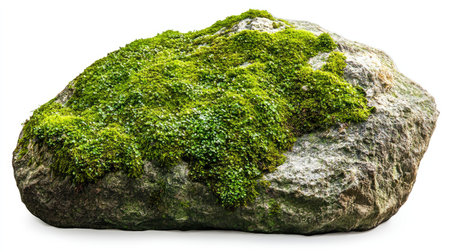 Moss-covered stone, lush and green, isolated on white background.の素材