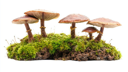 Wild mushrooms with moss, earthy and natural, isolated on white background.の素材