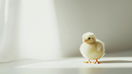 Tiny fluffy chick, standing with tiny feet, isolated on white background.の素材