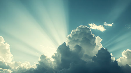 Soft sun rays breaking through a lightly clouded sky, creating a hopeful and dreamy mood.の素材