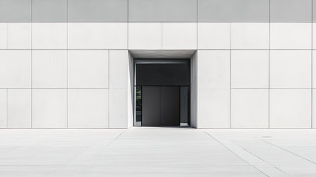 The faade of a minimalist building with smooth concrete and geometric shapes, empty space.の素材