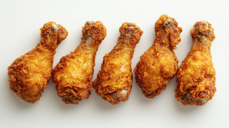Golden crispy fried chicken drumsticks, crunchy texture, isolated on white background, top view.の素材