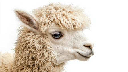 Adorable fluffy alpaca, looking cute with soft wool, isolated on white background.の素材