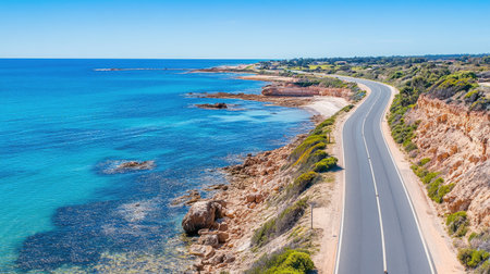 A bright, sunlit road through a coastal region with ocean views on the side and clear blue skies.の素材