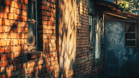 A classic brick building corner with soft sunlight casting long shadows, leaving copy space.の素材