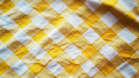 A bright yellow gingham tablecloth with small squares, ideal as a cheerful backdrop.の素材