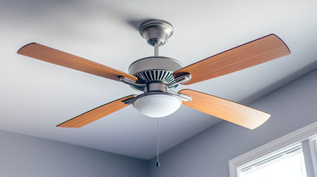A stylish, contemporary ceiling fan with wooden blades in a well-lit room.の素材