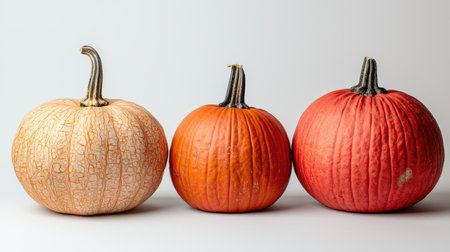 A collection of three pumpkins with different textures, placed on a clean white background, symbolizing autumn harvestの素材