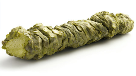 A fresh, vibrant wasabi root isolated on a white background, with the natural green color popping against the clean, simple backdropの素材