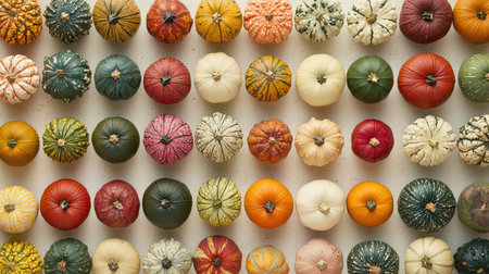 A collection of colorful pumpkins, ranging from orange to yellow, isolated on a white background, emphasizing their seasonal varietyの素材
