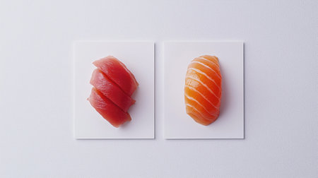 A clean and minimalistic shot of salmon and tuna sashimi, isolated on a white background, highlighting the fresh cuts and vibrant colorsの素材