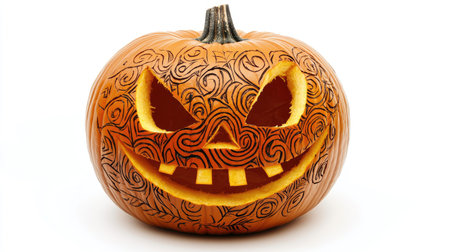 A carved pumpkin with intricate designs, showing its hollow interior and spooky atmosphere, isolated on whiteの素材