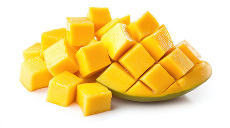 A fresh mango cut into cubes, isolated on a white background, showcasing its vibrant, golden colorの素材