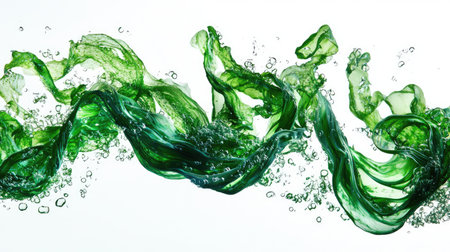 A close-up shot of fresh seaweed strands, showcasing their rich green color and texture, isolated on white for a natural, healthy imageの素材