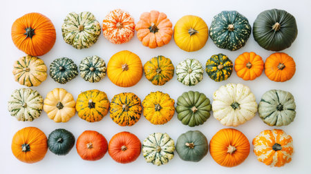 A collection of pumpkins of various sizes, arranged neatly on a white background to show the diversity of shapes and colorsの素材