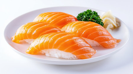 A minimalistic plate of salmon sashimi, isolated on white, showing the glossy, smooth texture and delicate cuts of the fishの素材