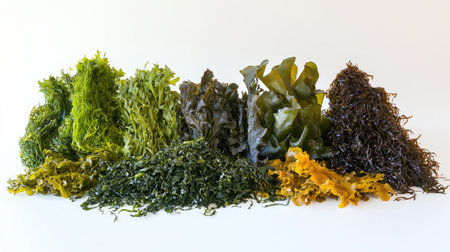 A collection of different seaweed varieties, neatly arranged on white to showcase their diverse textures and colorsの素材