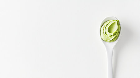 A portion of wasabi paste isolated on a white spoon, highlighting its smooth consistency and vibrant green color on a white backgroundの素材