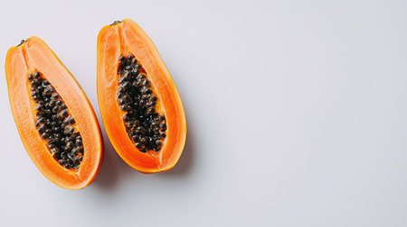 A papaya cut in half, showing its vibrant orange flesh and black seeds, isolated on a clean white backgroundの素材