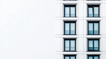 A modern city apartment building with sleek lines and large windows, isolated on a white background, capturing urban living in a vibrant settingの素材