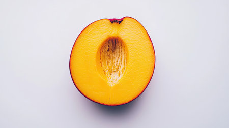 A ripe mango cut in half with one side showing the vibrant flesh and the other the seed, isolated on a white backgroundの素材