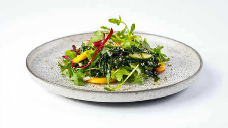 A small plate of seaweed salad with mixed greens, isolated on a white background for a healthy, fresh mealの素材