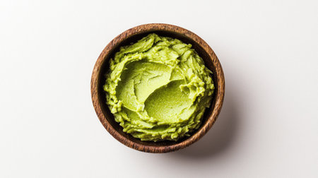 A small dish of wasabi paste with a texture that's smooth and creamy, isolated on a white background, ready to complement sushi and sashimiの素材