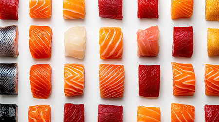 Raw fish fillets of various kinds, arranged neatly on white background, highlighting their textures, ideal for sushi, sashimi, or gourmet seafood dishesの素材