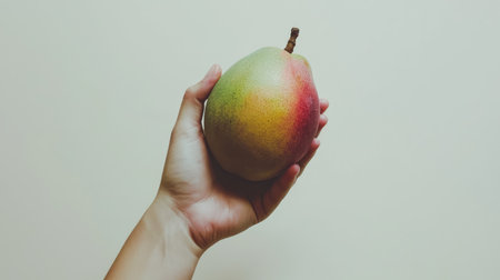 A whole mango with green and yellow coloring, placed on a white background, ready for tropical dishes and smoothiesの素材