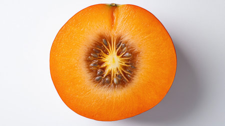 A sliced persimmon with visible seeds in the center, isolated on a white background for a healthy, natural feelの素材