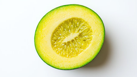 A top view of a sliced mango with its seed visible in the middle, isolated on a clean white background for a fresh, tropical feelの素材