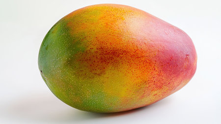 A whole mango with vibrant yellow-orange skin and a smooth texture, isolated on a white background for a clean, tropical lookの素材