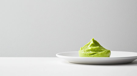 A small mound of wasabi paste placed on a white plate, isolated against the clean background, showcasing its rich green color and smooth textureの素材