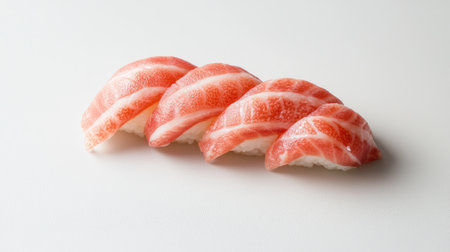 A small portion of raw salmon belly, isolated on a white background, showing its rich marbling and buttery texture for gourmet sushi preparationの素材