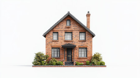 A traditional brick home with a welcoming entrance, manicured landscaping, and classic charm, isolated on a white background to emphasize timeless appealの素材