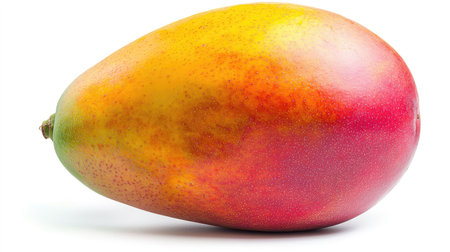 A whole mango with vibrant yellow-orange skin and a smooth texture, isolated on a white background for a clean, tropical lookの素材
