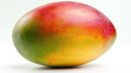 A vibrant yellow mango with a slightly green skin, isolated on white, creating a clean, refreshing image of tropical fruitの素材
