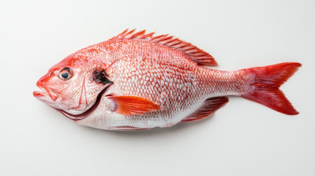 A whole raw red snapper fish, isolated on white, showcasing its vibrant skin and firm flesh for seafood dishes and grillingの素材