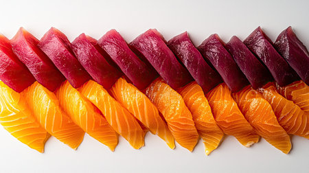 Fresh tuna and salmon sashimi arranged in a fan pattern on a white background, emphasizing the fresh, delicate texture of the fishの素材