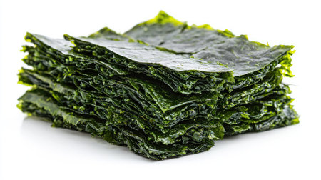 Dried nori seaweed sheets stacked neatly, isolated on white to highlight their essential role in sushi and cuisineの素材