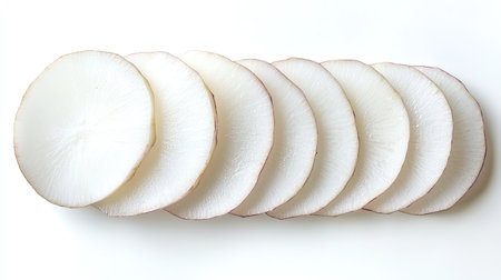 Fresh daikon radish slices isolated on a white background, showcasing its crisp texture and bright white color, perfect for Japanese winter dishesの素材