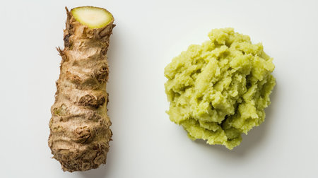 Freshly grated wasabi root next to a small serving of wasabi paste, isolated on a white background, showing the texture of both the root and pasteの素材