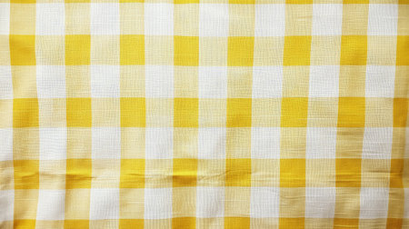 A bright yellow gingham tablecloth with small squares, ideal as a cheerful backdrop.の素材
