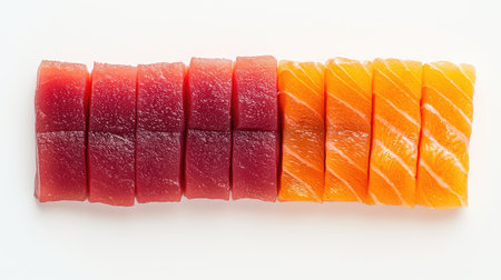 A fresh, vibrant selection of tuna and salmon sashimi slices arranged symmetrically on a white background, perfect for a fine dining settingの素材