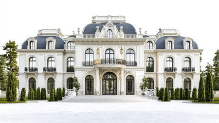 A large mansion with a grand entrance, detailed architecture, and sprawling grounds, isolated on a white background, showcasing luxury livingの素材