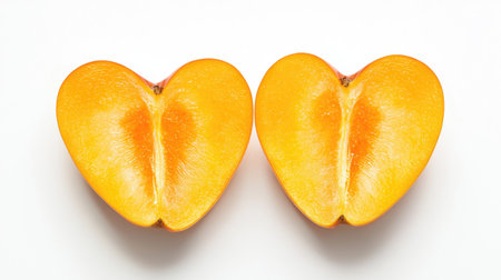 A ripe persimmon sliced in half, revealing its juicy orange interior, isolated on a clean white backgroundの素材