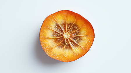 A sliced persimmon with visible seeds in the center, isolated on a white background for a healthy, natural feelの素材