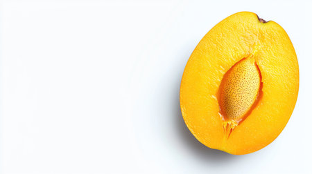 A top view of a sliced mango with its seed visible in the middle, isolated on a clean white background for a fresh, tropical feelの素材